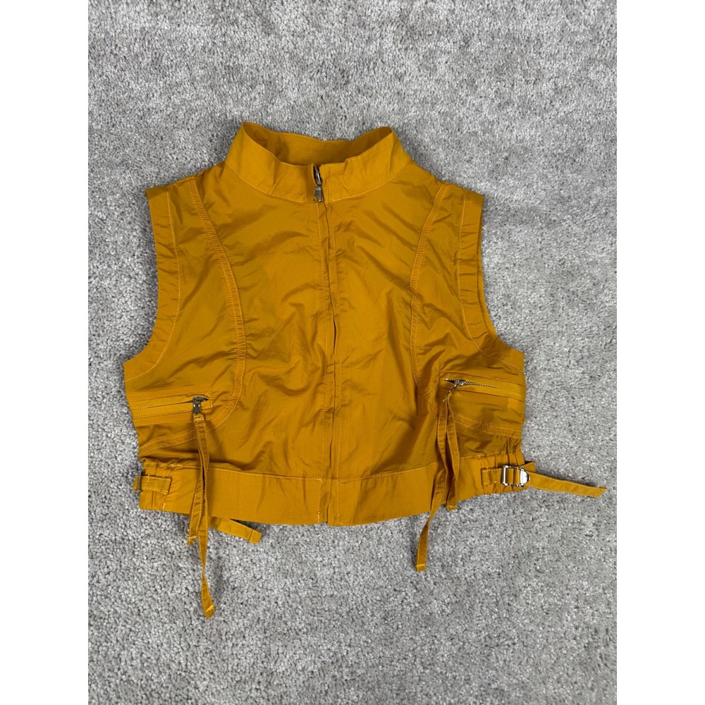 WAYDAMIN Womens Cropped Utility Vest Mustard Yellow Zip Front Streetwear Small
